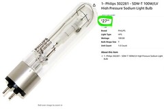 Philips 302281 High Pressure Sodium 100 Watt – 2,700K – T10 – 2 Pin [A7S2]