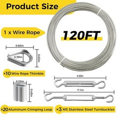 1/8 Inch Wire Rope, 120FT Stainless Steel Cable, 7X7 Strands Steel Wire Kit with