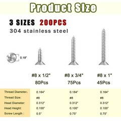 200PCS 304 Stainless Steel High Hardness Wood Screws Assortment Kit, 3 Sizes …