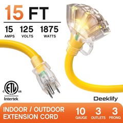 15 ft 10 Gauge Heavy Duty 3 Outlet Extension Cord Splitter with Indicator, Wa…