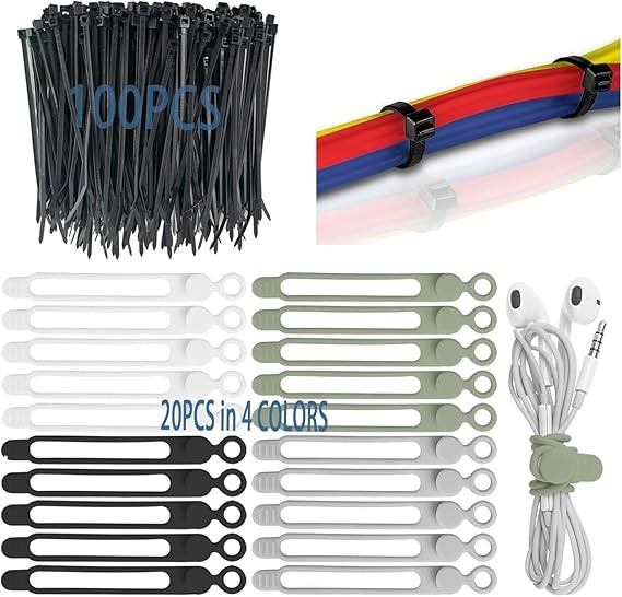 120 Pcs Cable Organizer Set, 20pcs Silicone Cable Ties Reusable & Nylon Cable