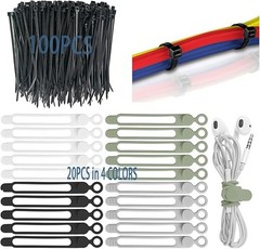 120 Pcs Cable Organizer Set, 20pcs Silicone Cable Ties Reusable & Nylon Cable