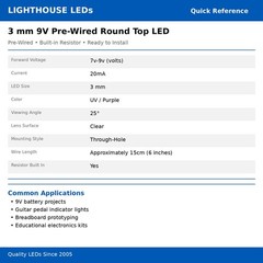 100 x Pre wired 9v 3mm UV Purple LEDs Prewired 9 volt DC LED Light RC Prop 8v 7v