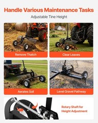 VEVOR 48in Tow Behind Landscape Rake 24 Tines Lawn Dethatcher Height Adjustable