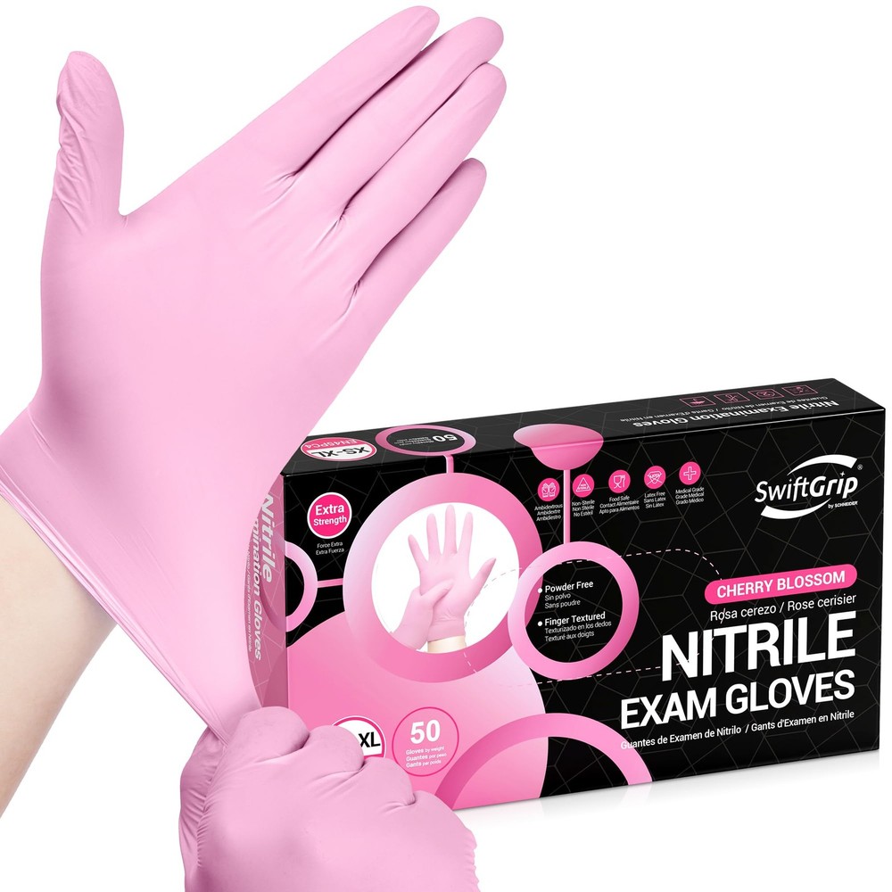 SwiftGrip Nitrile Exam Gloves, 4 Mil, Large, Cherry Blossom, 50 Count