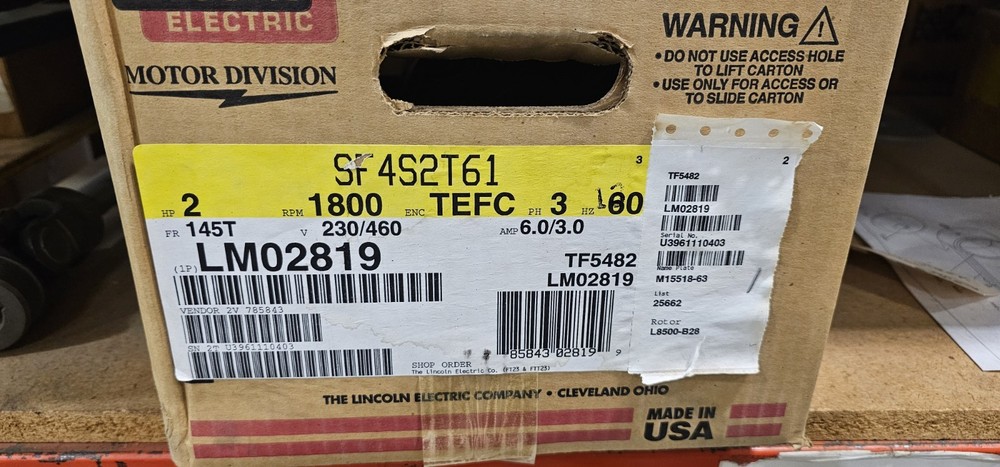Lincoln Electric 2 HP 1800 RPM TEFC Motor 230/460V SF4S2T61 LM02819