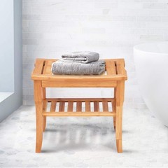 Giantex Bamboo Shower Bench Seat Storage Shelf Shower Spa Chair Seat Bench