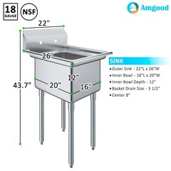 26 in. x 22 in. Stainless Steel One Compartment Sink. 16 in x 20 in x 12in Bowl