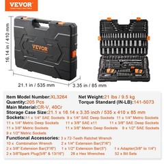 VEVOR Mechanics Tool Set And Socket Set, Drive Deep And Standard Sockets, 205pc
