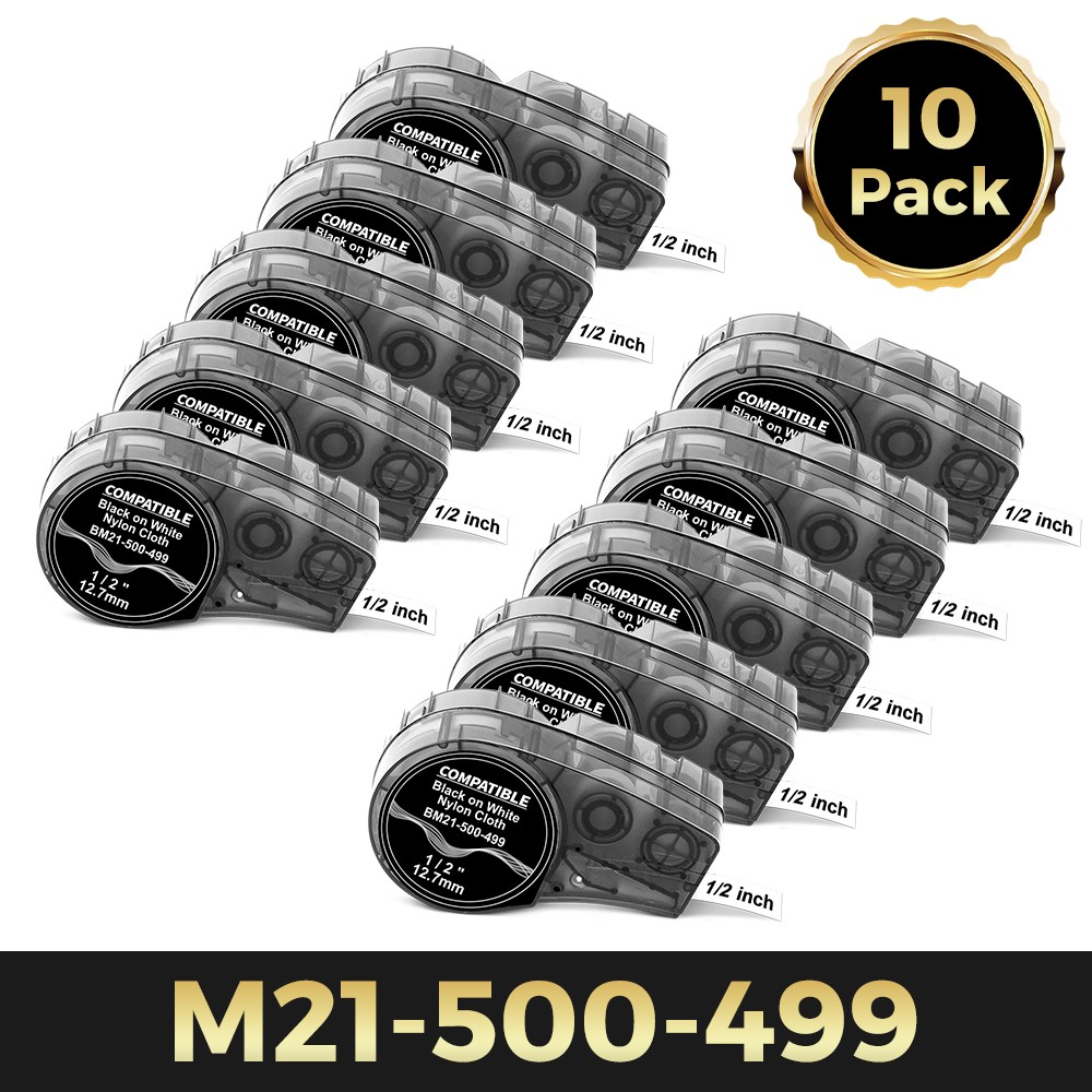 10PK Label Cartridge for Brady BMP21-PLUS M21-500-499 Nylon Black/White 1/2″x16′