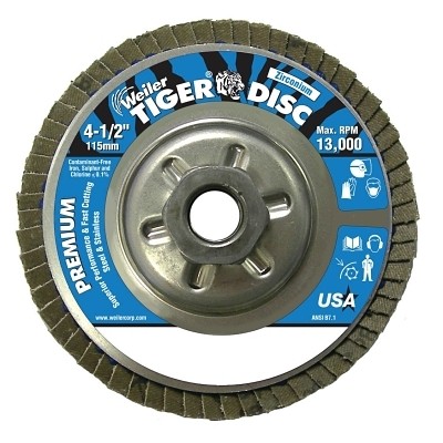 Tiger Disc Angled Style Flap Disc, 4-1/2 in dia, 120 Grit, 5/8 in-11, 13000 rpm,