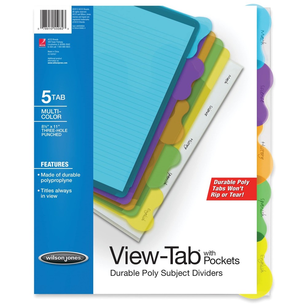 View-Tab Transparent Dividers, Student Index with Pockets, 5-Tab Set, Multico…
