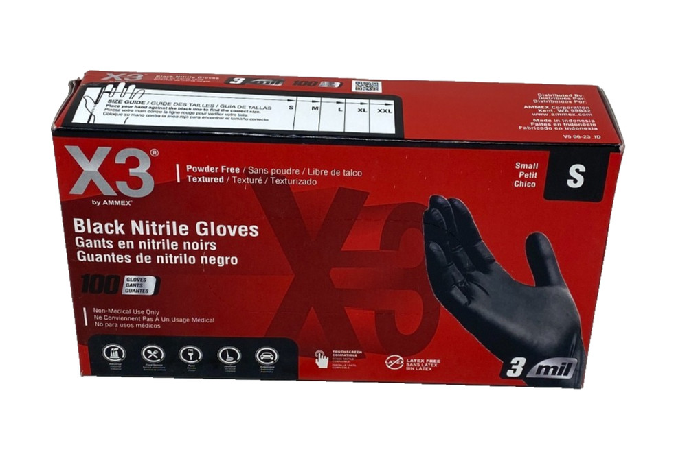 Ammex X3 BX342100 Nitrile Industrial Latex Disposable Gloves S, Black – 100 Pcs