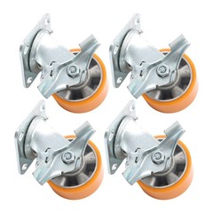4″ Side Brake Polyurethane Plate Casters, 3200 Pounds, Silver + Qrange, 4 Pieces