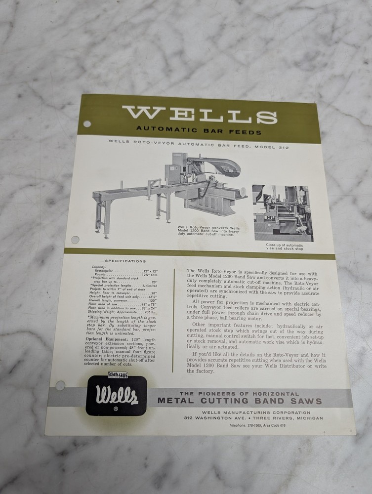 WELLS ROTO VEYOR AUTOMATIC BAR FEED MODEL 312 SALES BROCHURE INFORMATION