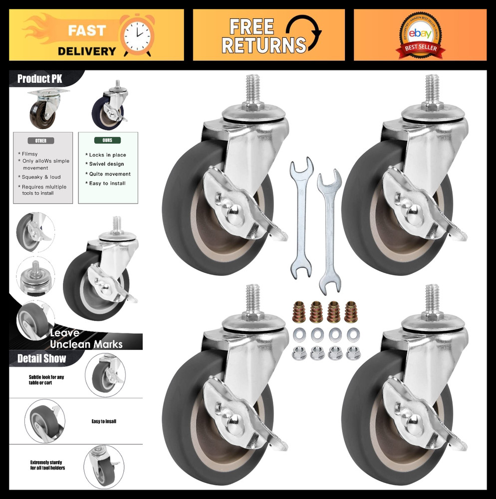 Heavy Duty 3″ Swivel Caster Wheels Set of 4 with Brake, M8-1.25-15 for Trolley &