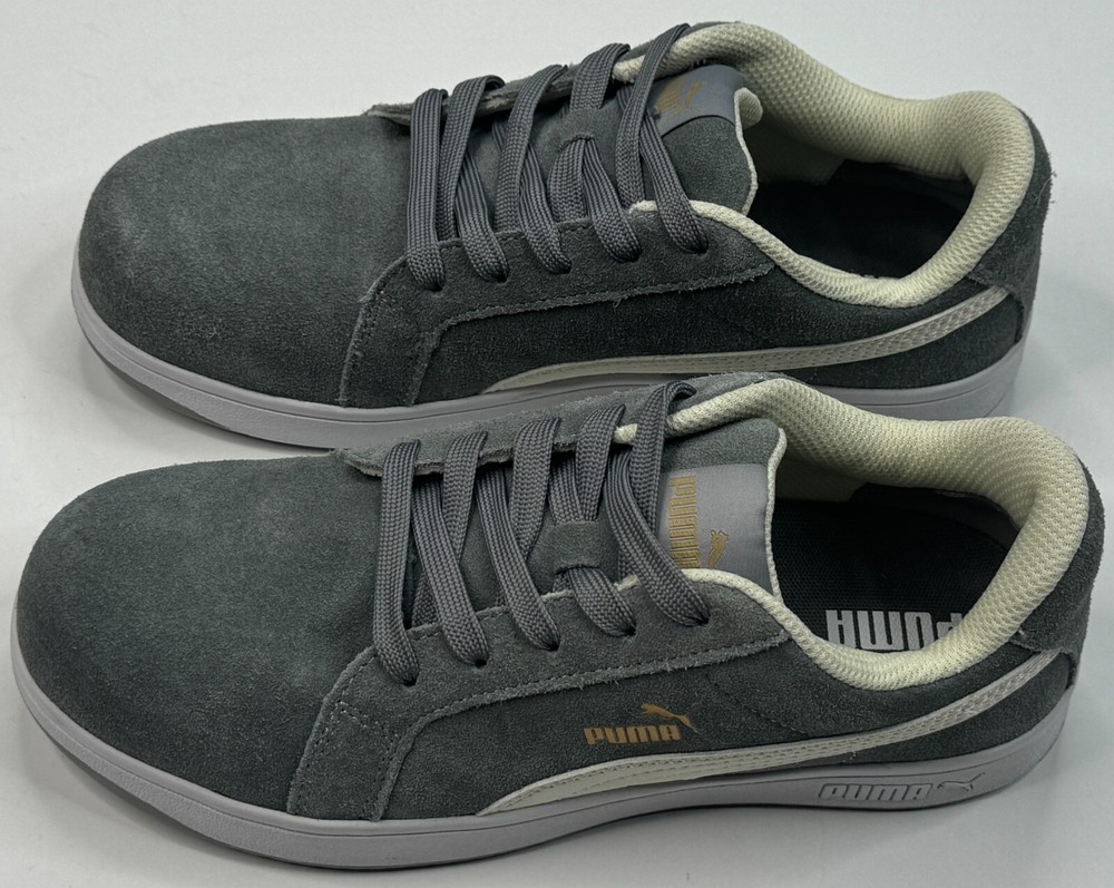 Puma Safety Icon Suede Low Gray & White Steel Toe Oil Resistant Sneaker Size 7.5