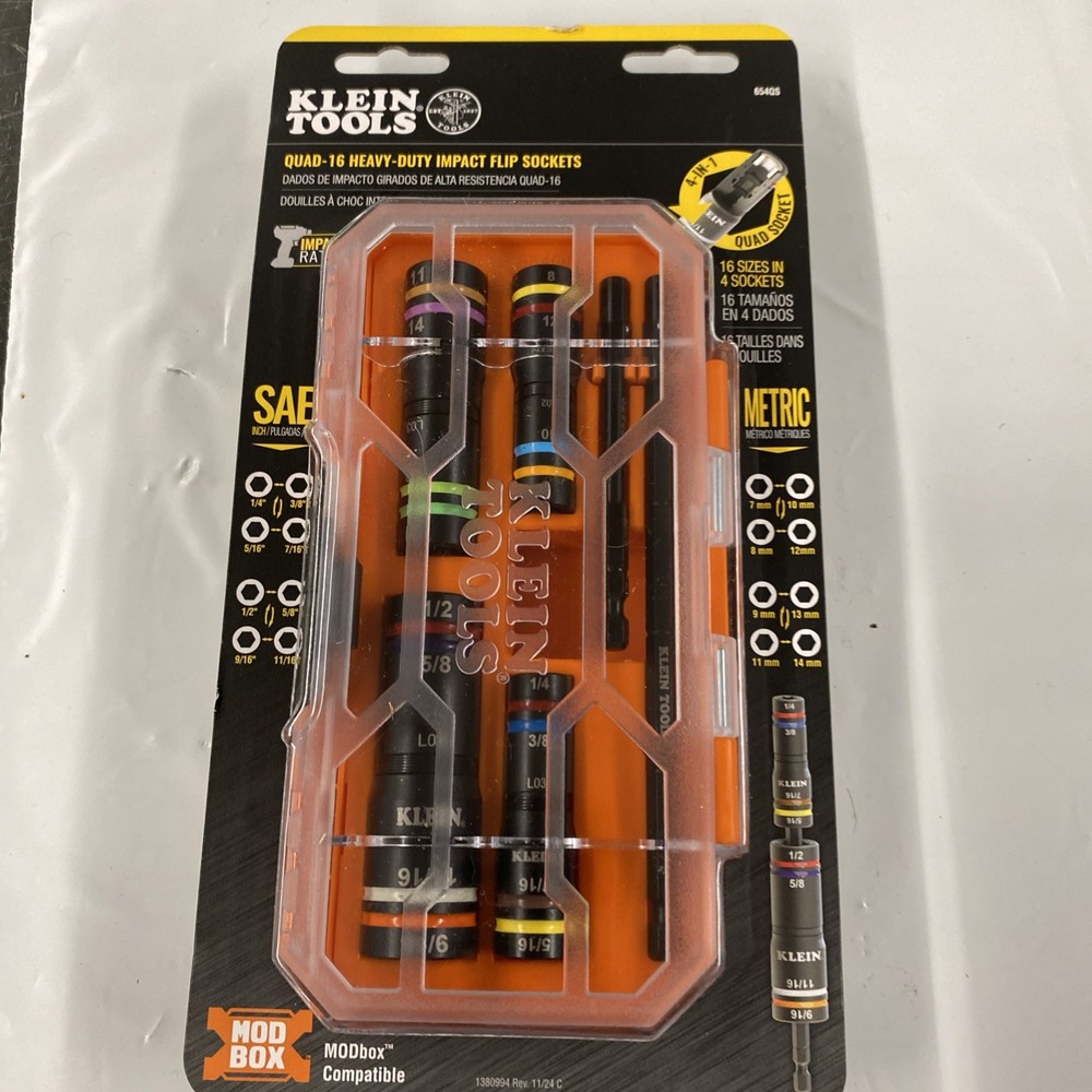 New Klein Tools 654QS KNECT Quad-16 Heavy Impact Flip Socket 6pc Set SAE/Metric