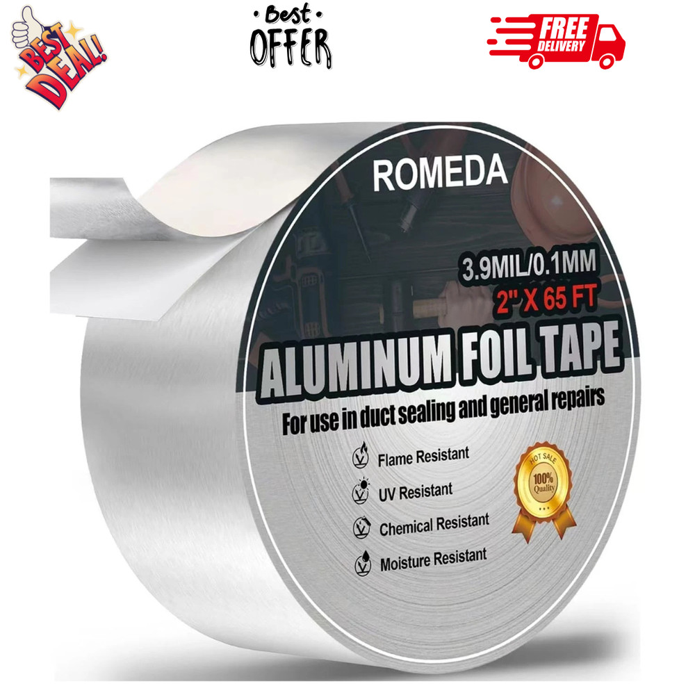 Aluminum Foil Tape 2″ x 65ft | 3.9 Mil High-Temp HVAC Tape for Ductwork & Vents