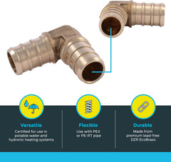 1/2 Inch Crimp 90 Degree Elbow, Pack of 10, Brass Plumbing Fitting, PEX Pipe, PE