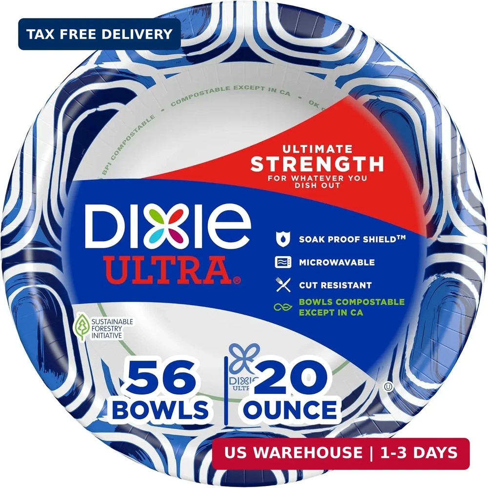Dixie Ultra, Large Paper Bowls, 20 Oz, 56 Count, Microwave Safe, Compostable, Di