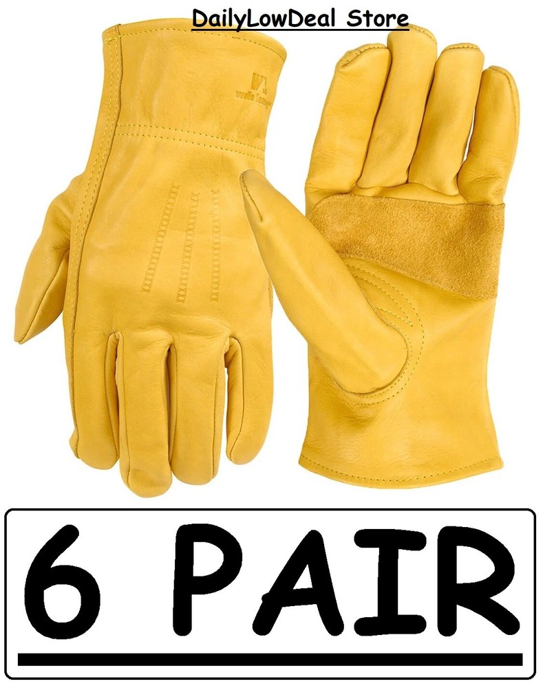 6 PAIRS – Wells Lamont Men’s Leather Work Gloves 100% Cowhide Leather, NEW