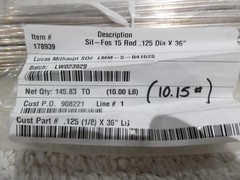 10lbs Lucas Milhaupt SIL-FOS 15 Brazing Rods 1/8″ Dia. x 36″ BCuP-5, $149 per lb