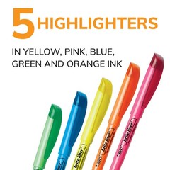 Highlighter Set, Chisel Tip, 5 Assorted Colors, Bright Neon Markers for School &