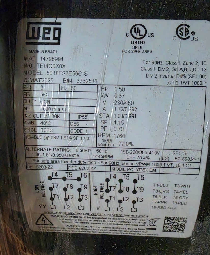 WEG 0.5 HP 3-Phase TEFC Inverter Duty Induction Motor 5018ES3E56C-S