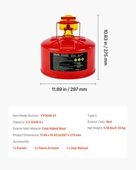 VEVOR Safety Gas Can 2.5 Gallon Type I Red Gas Can with Flame Arrester & Funnel