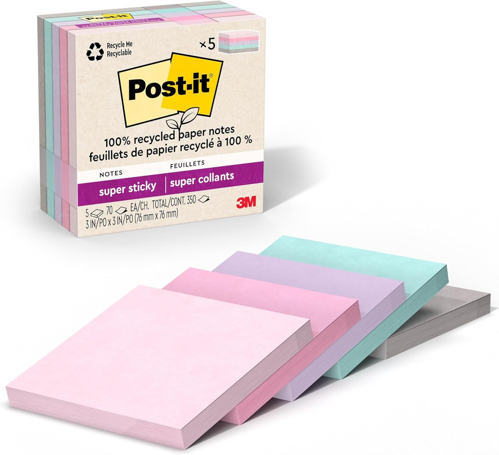 Post-it Super Sticky Notes, 3×3 in, 100% Recycled, Pastel, 5 Pads