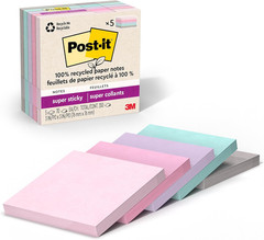 Post-it Super Sticky Notes, 3×3 in, 100% Recycled, Pastel, 5 Pads