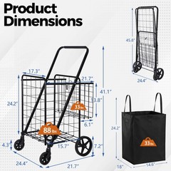 Collapsible Rolling Grocery Cart 88LB Load Capacity w/ Oxford Cloth Liner Black
