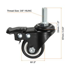 4pcs 1.5″ Swivel Threaded Stem Casters 3/8″-16UNC PU Wheel with Brake 88lbs Load