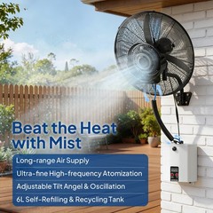 Outdoor Wall-Mount Misting Fan Oscillating Metal Fan 20” 4 Speeds w/Water Tank