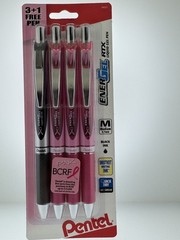 4 Pentel EnerGel RTX Gel Pens MEDIUM 0.7mm BLACK Ink LIQUID BCRF PEN CANCER PINK