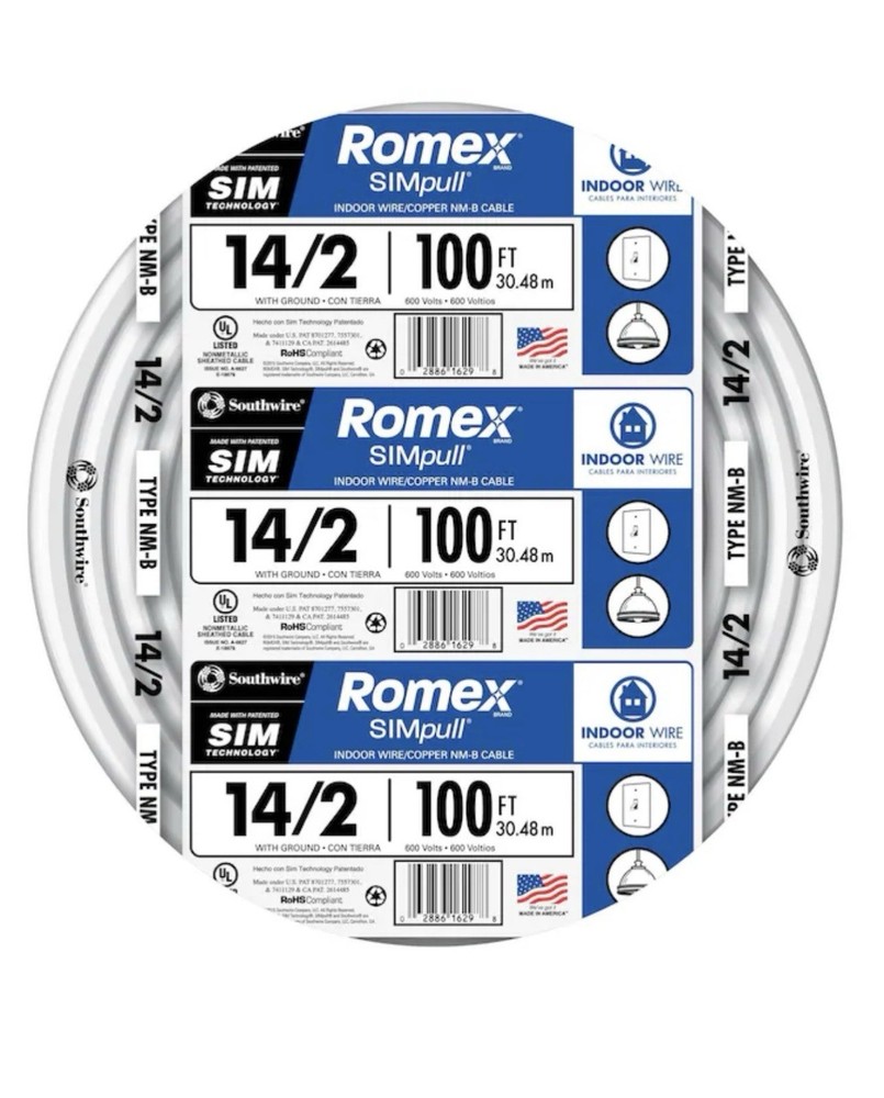Romex Brand Simpull Solid Indoor 14/2 W/G NMB Cable 100ft Coil Workshop Home New
