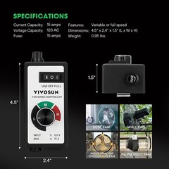 VIVOSUN 1500W Variable Speed Controller Electric Motor AC 120V for Inline Fan