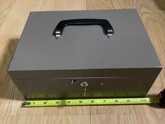 Vintage Huntlit-Ning File Box Tan Black Heavyweight Steel 10 x 7 x 4.5 in w Key