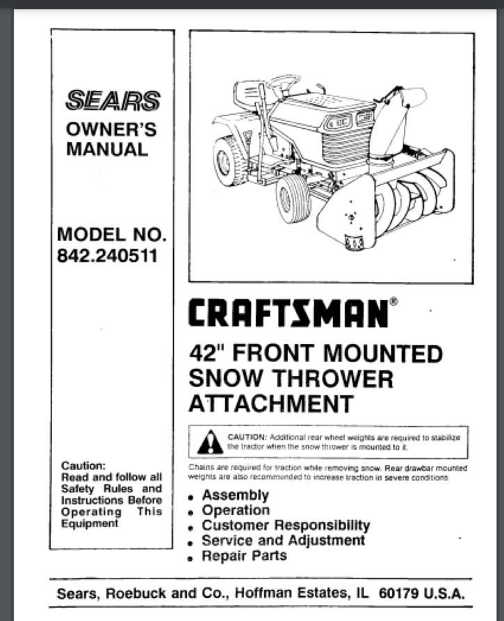 Sears Craftsman 42 inch snow blower tractor attachment 842.240511 40 pages