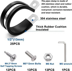50pcs 1/2 Inch Cable Clamps 304 Stainless Steel Rubber Cushion Insulated Wire Cl