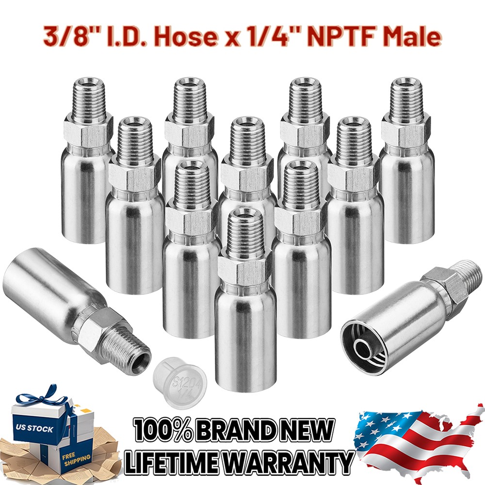 12 PCS 3/8″ I.D. Hose x 1/4″ NPTF Male Hydraulic Hose End Crimp Fittings