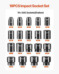 VEVOR Impact Drive Socket Set 1/2 Inches 19 Piece 1/2” SAE 19PC CR-V, Black