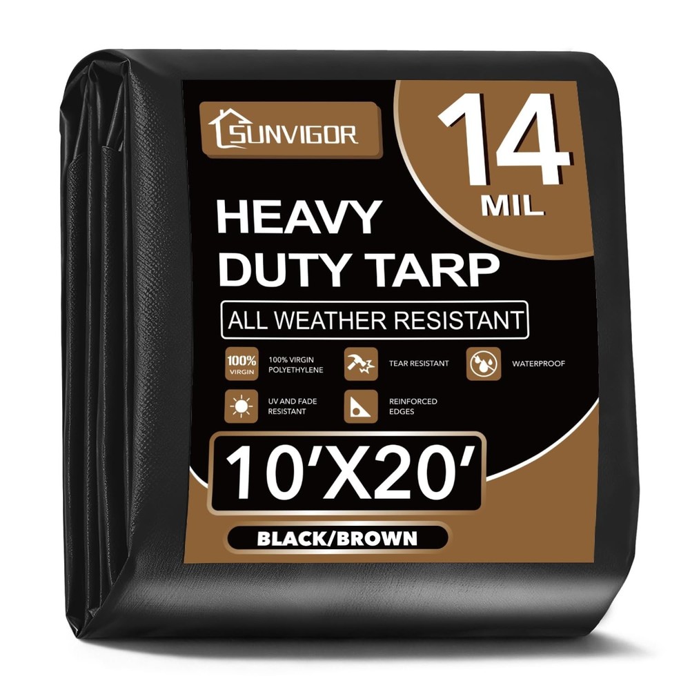 Sunvigor Tarp Waterproof 10x20Ft, Extra Thick 14 Mil Heavy Duty Tarp Cover, T…