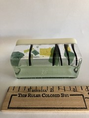 Fused Glass Dichroic Green, White, Yellow, Black Signed Business Card Holder 3″