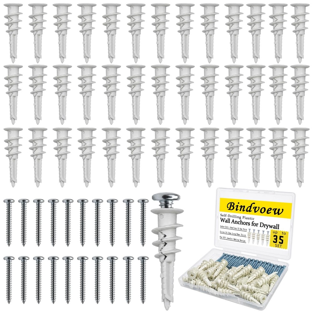 Bindvoew 70pc SelfDrill Drywall Anchors, Heavy Duty 75LB, No PreDrill.