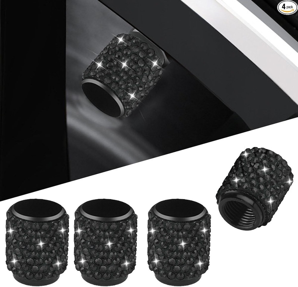 4PCS Handmade Bling Crystal Diamond Tire Valve Caps – Shiny Rhine Color: Black