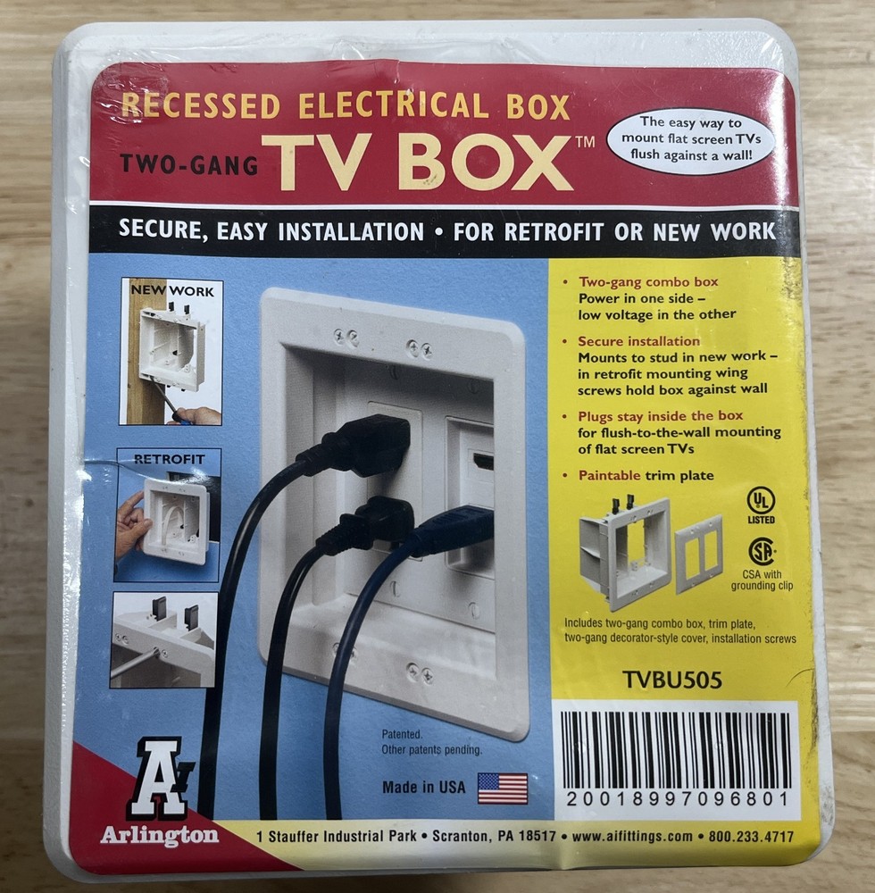 Arlington Model TVBU505 Recessed Electrical Two-Gang TV Box – Made In USA