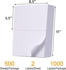1000 Labels/500 Sheets Half Sheet Self Adhesive Shipping Labels for Laser & I…