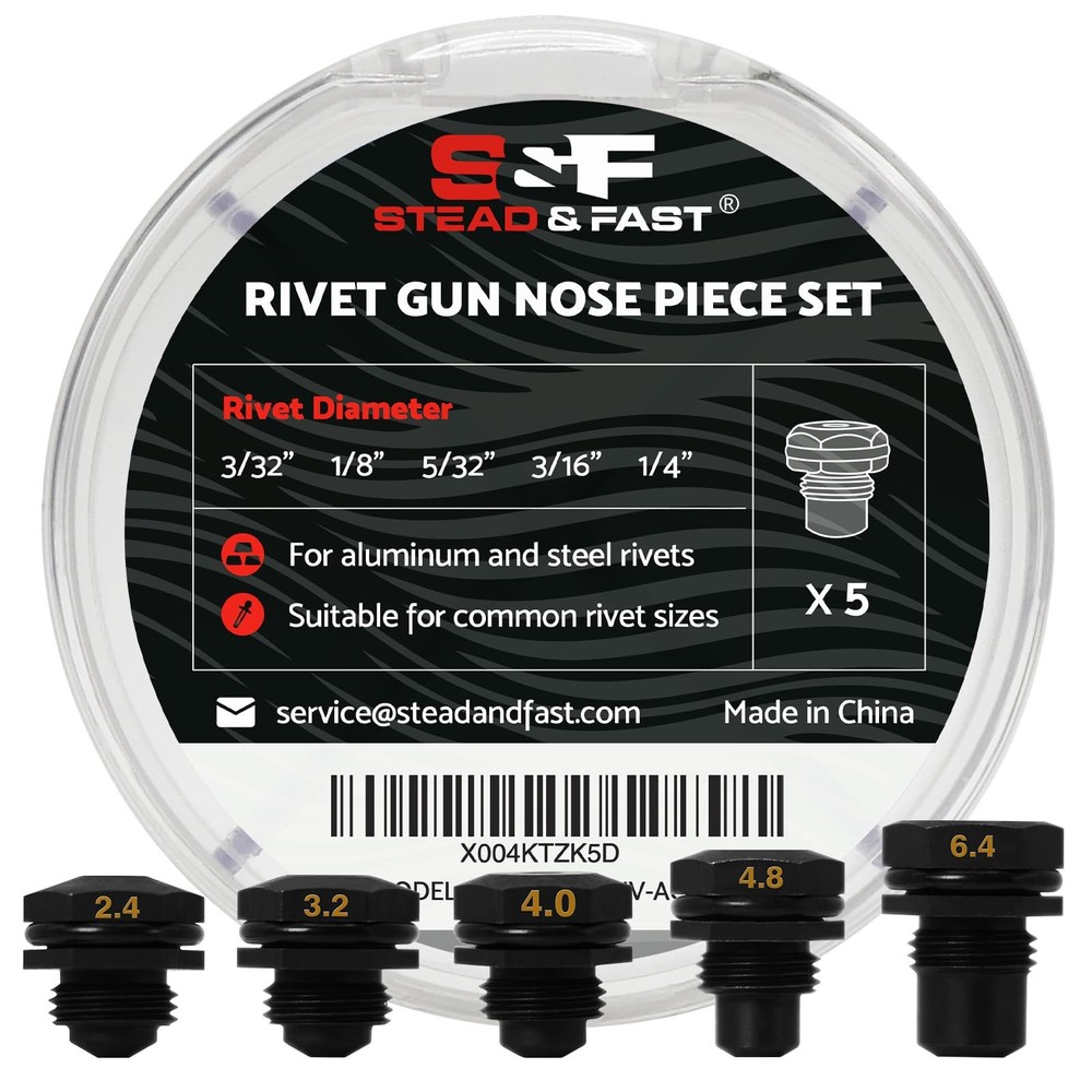 S&F STEAD & FAST Rivet Gun Retention Nose Pieces 5Pack, 3/32″, 1/8″, 5/32″, 3…
